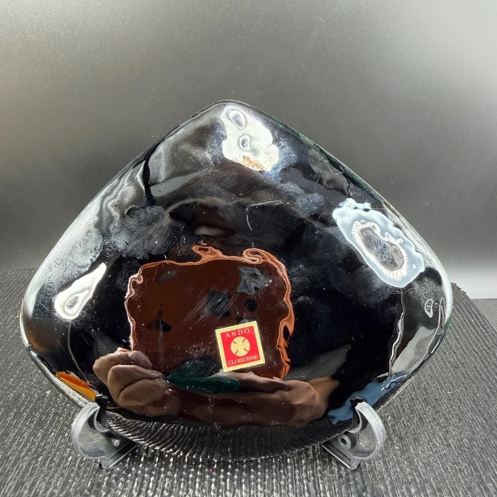 Ando Cloisonne Japanese Enamel Fan Plate Red Crowned‎ Cranes Silver Gold w Stand